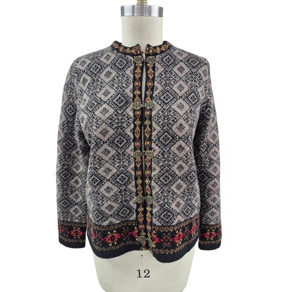 Susan Bristol Wool Sweater Nordic Fair Isle Clasp Cardigan M Cottagecore Granny - Picture 1 of 5